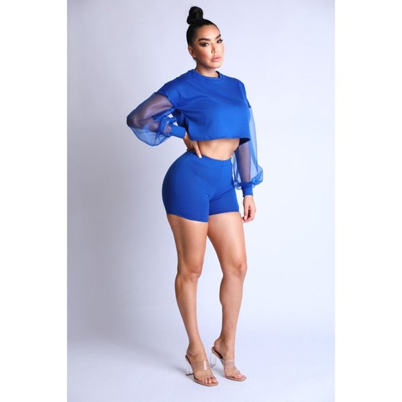 Women's Casual Crew Neck Organza Puff Sleeve Top & Elastic Waist Shorts 2Pcs Set - Picture 8 of 9